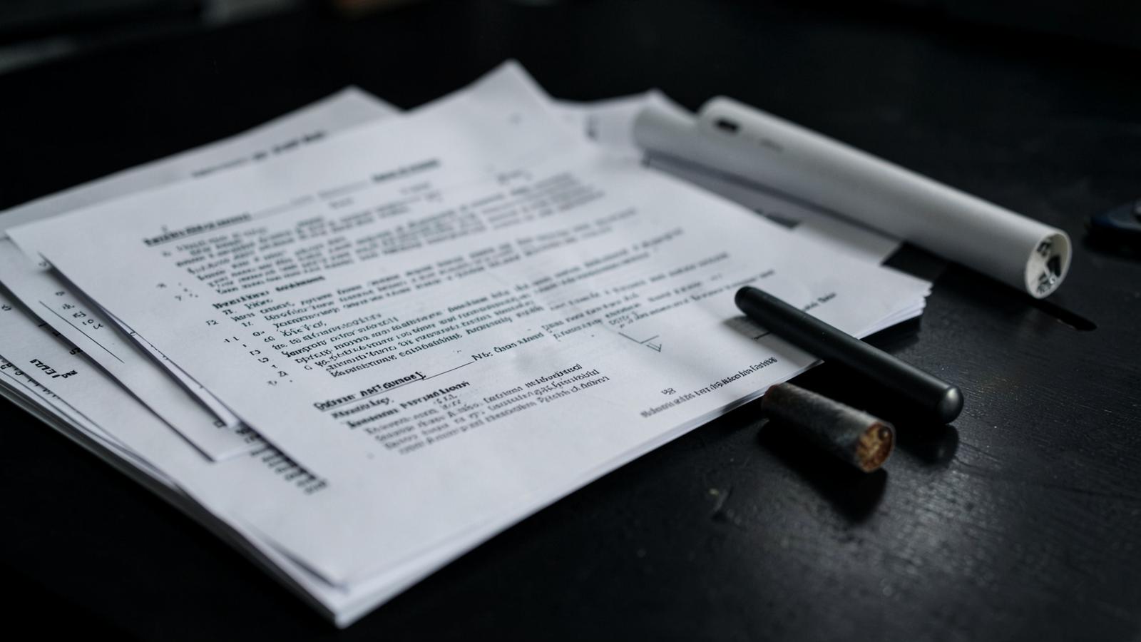 Stack of legal documents beside a disposable vape and a pre-roll tube on a dark desk
