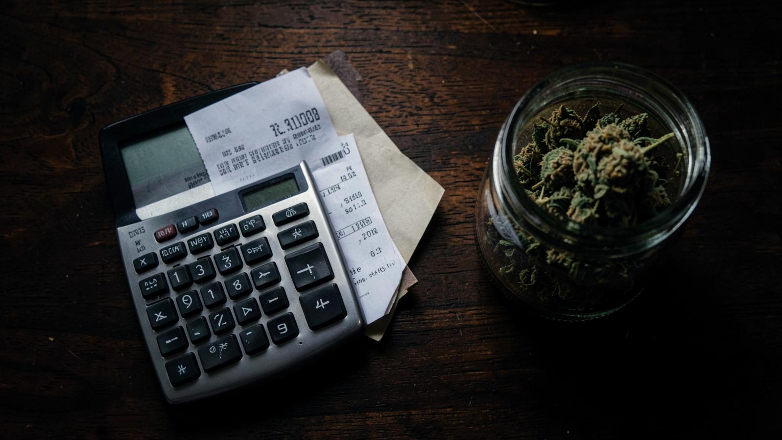 Calculator, receipts, and a jar of cannabis flower on a dark desk