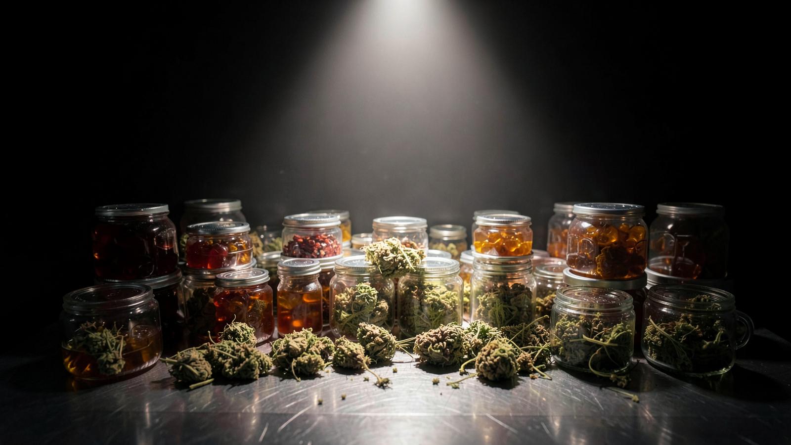 Rows of unlabeled gummy jars and hemp flower on a steel table under a spotlight