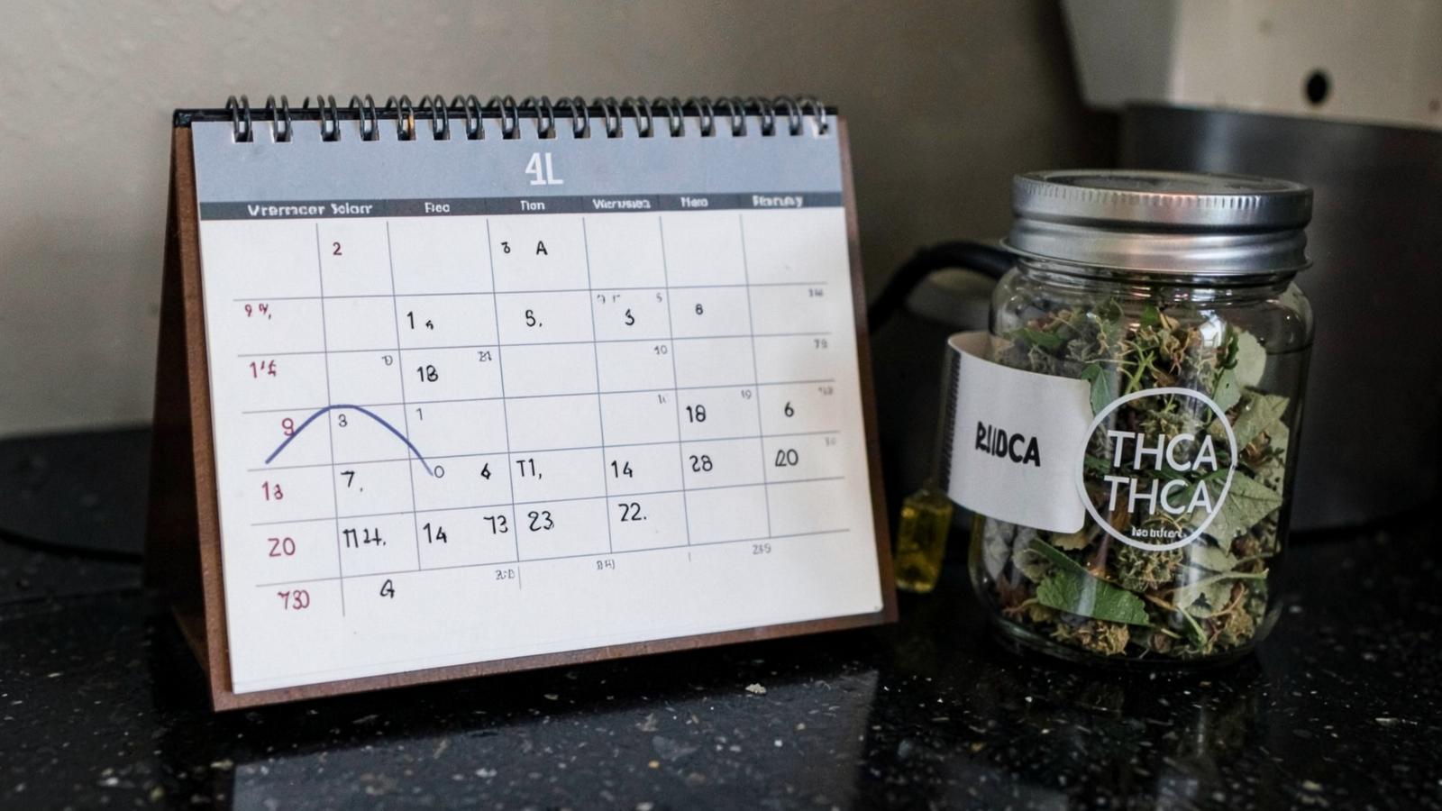 Wall calendar with a circled date beside hemp gummies and a jar of THCA flower