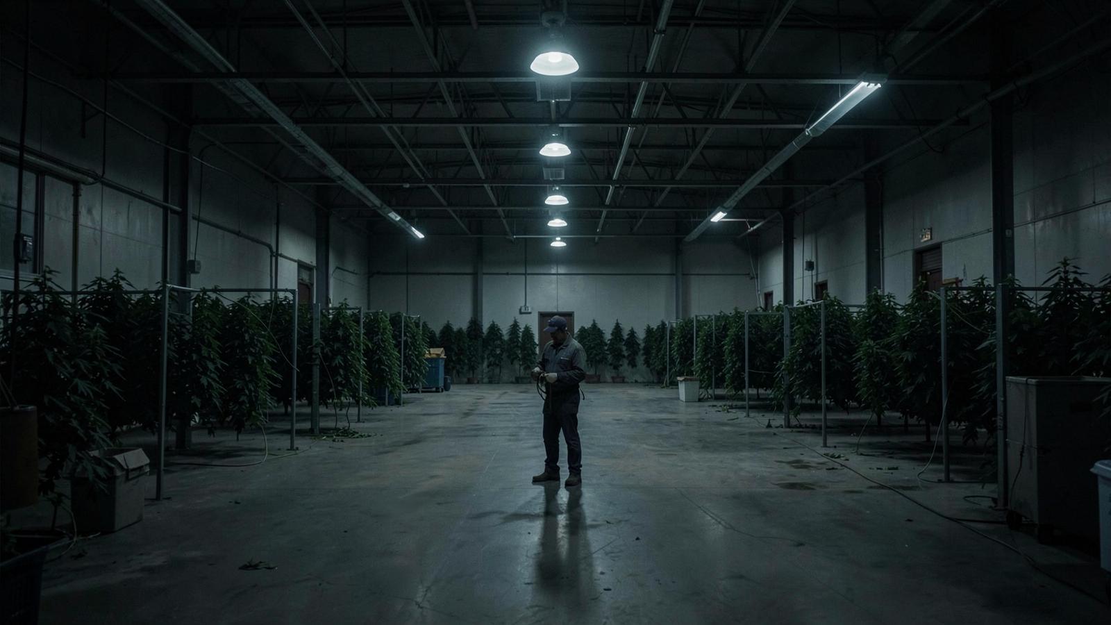 Nearly empty cannabis production floor with a single worker under industrial lights