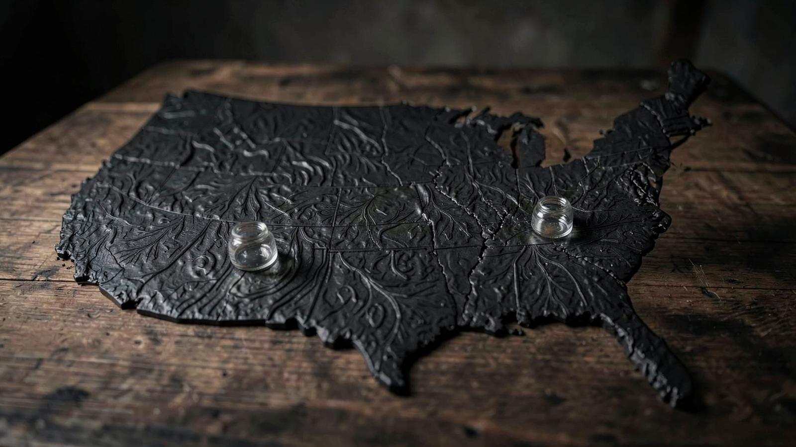 Dark topographic relief map of the United States on a table with small glass jars
