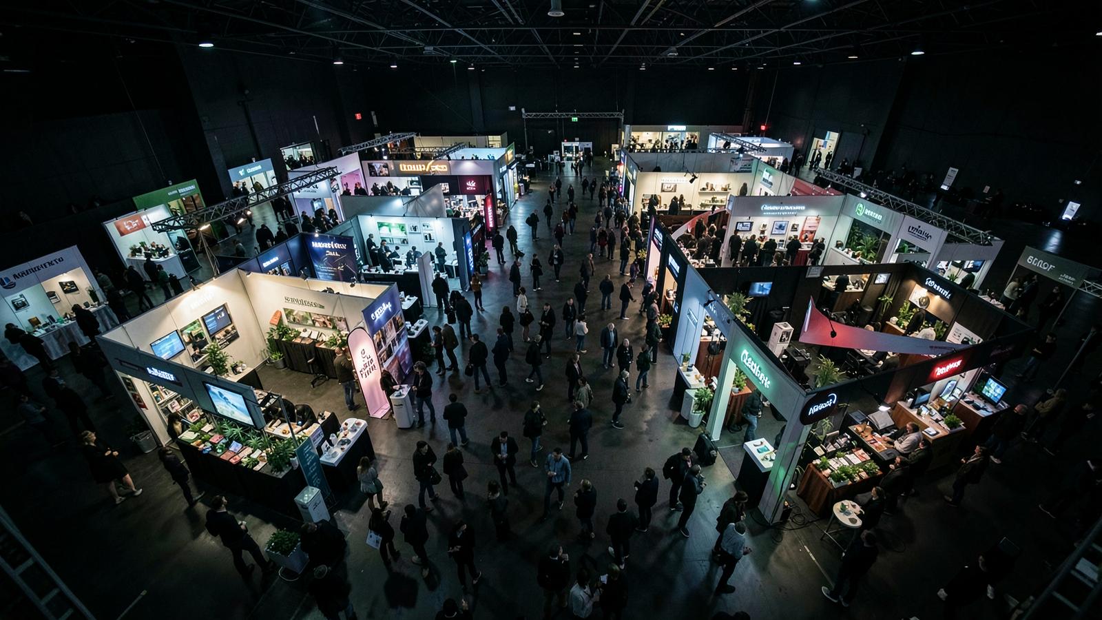 Overhead view of a cannabis trade show floor with lit booths and crowds